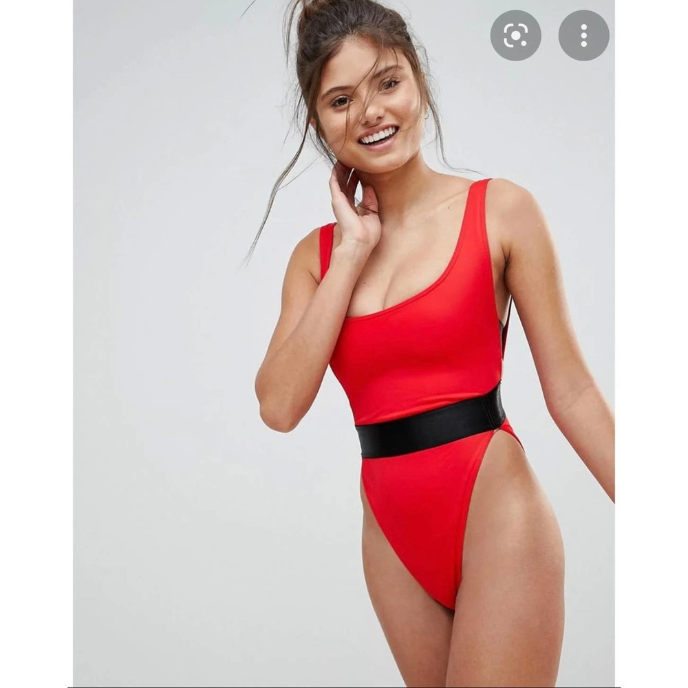 ASOS Fuller Figure High Leg Elastic Waist Red One Piece Swimsuit Size 34G